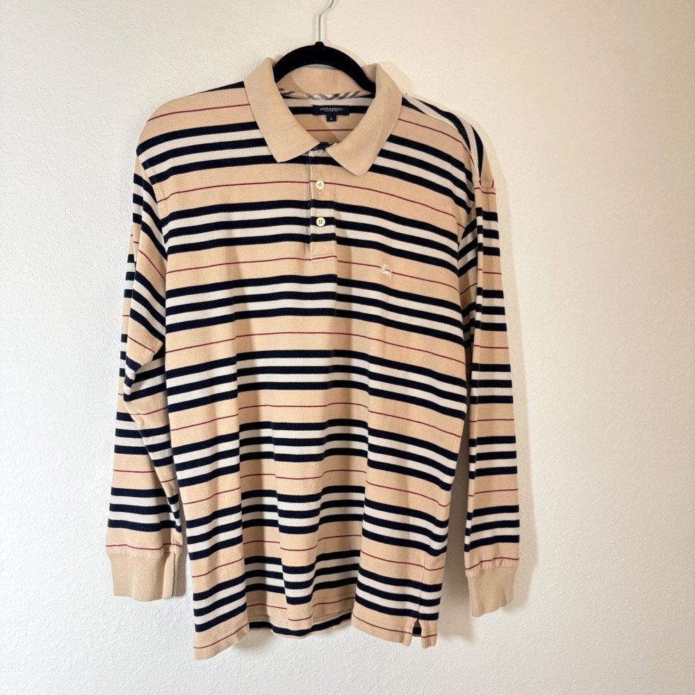 Burberry London Polo Shirt Large Beige black Striped Long Sleeve Logo